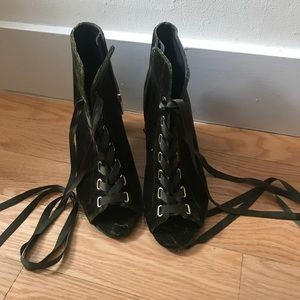 Green Velvet Lace up Bootie Heels